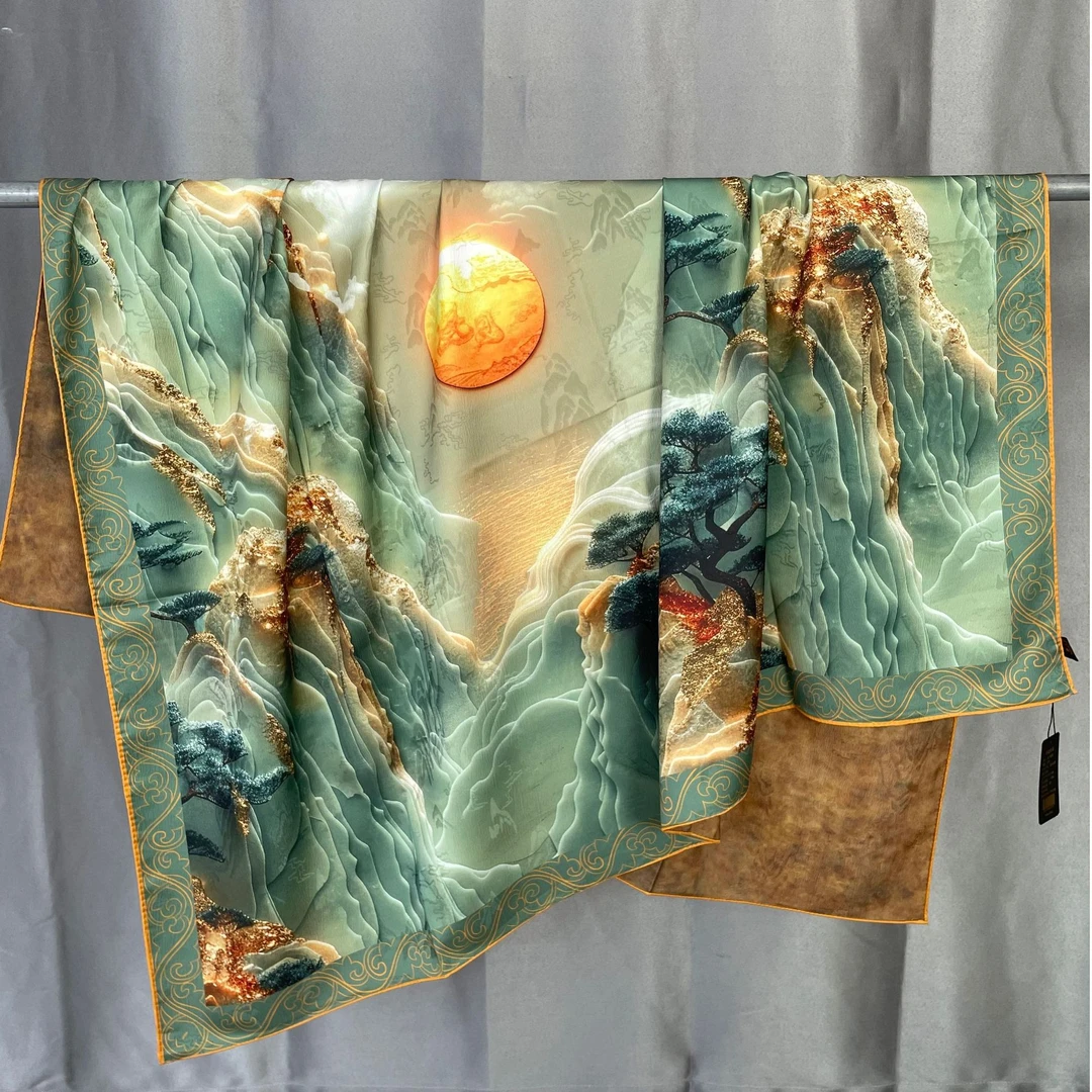 #040  旭日东升  桑蚕丝珍珠锻高货国风精品丝巾140*140大方巾