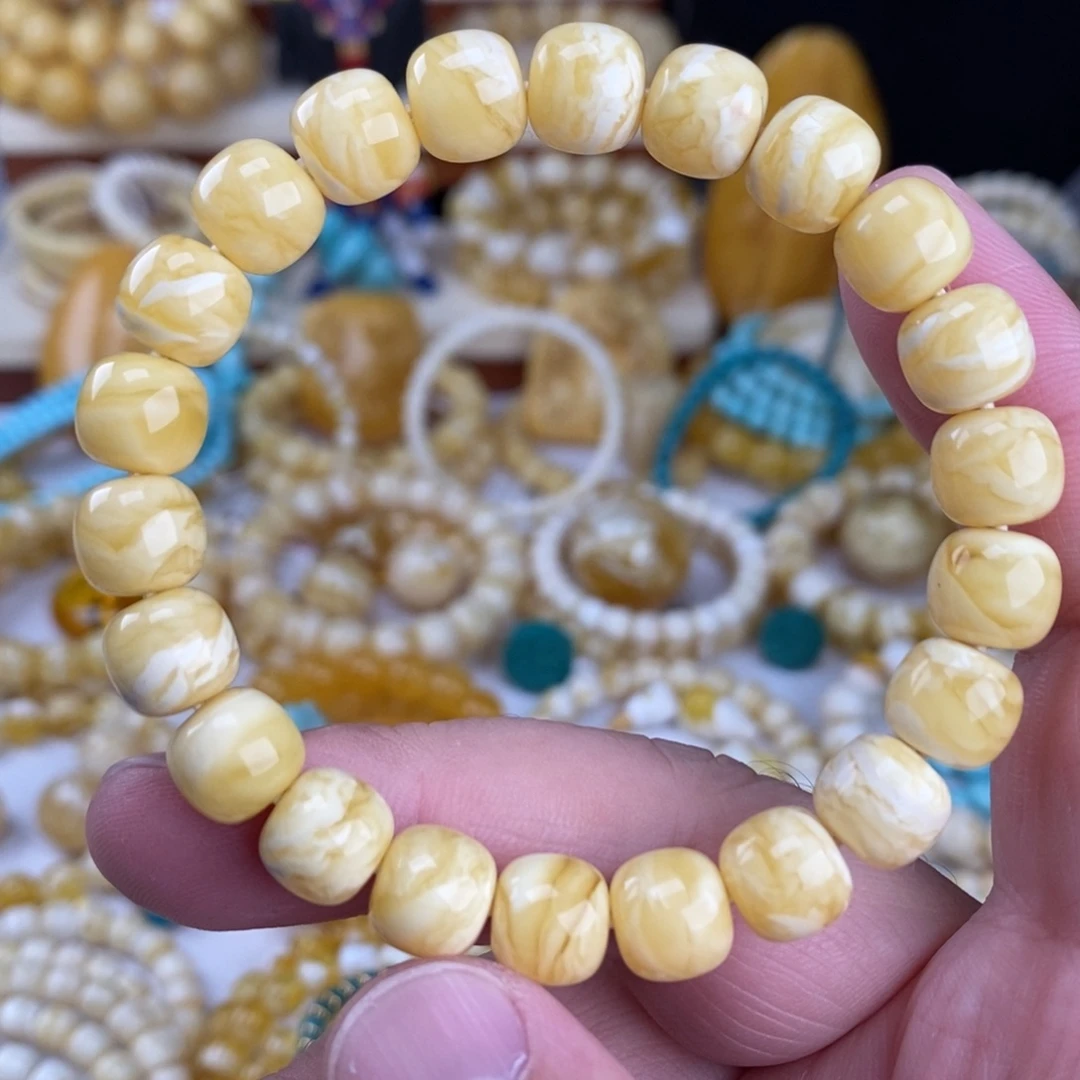 蜜蜡未镶嵌手链瓷白细纹蜡实虎皮纹10mm