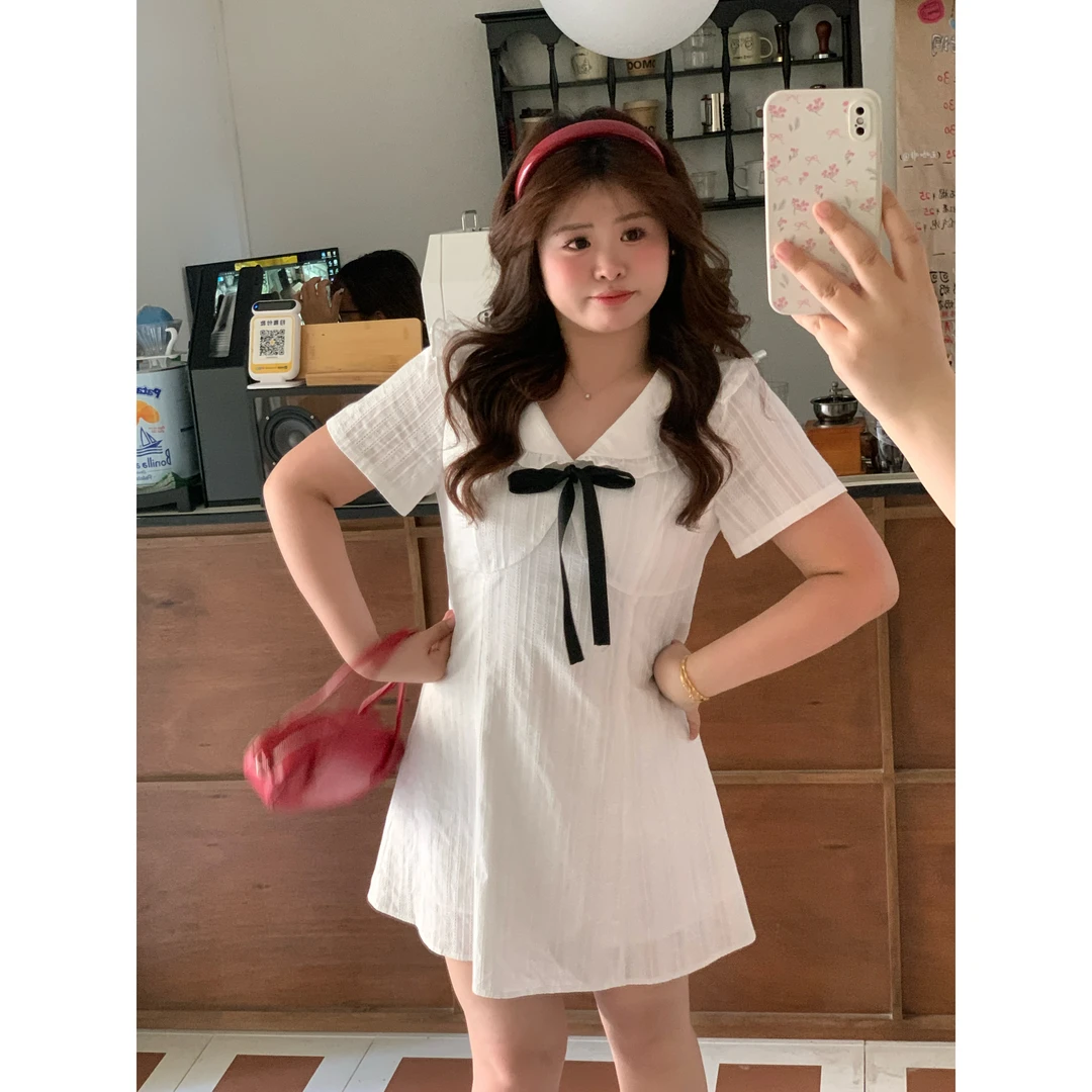 【学姐归档】大头婷微胖夏季连衣裙海军领蝴蝶结收腰短袖短裙