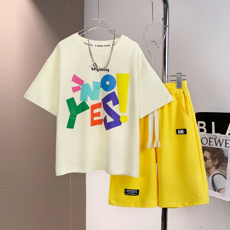 短袖套装2025夏季新款休闲透气两件套儿童中大童圆领印花宽松套装