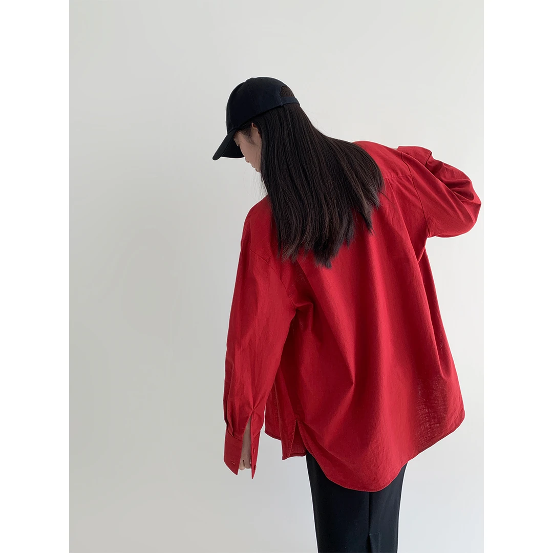 02.21 P0221C3586 红色亚麻衬衫设计感小众宽松廓形休闲上衣女