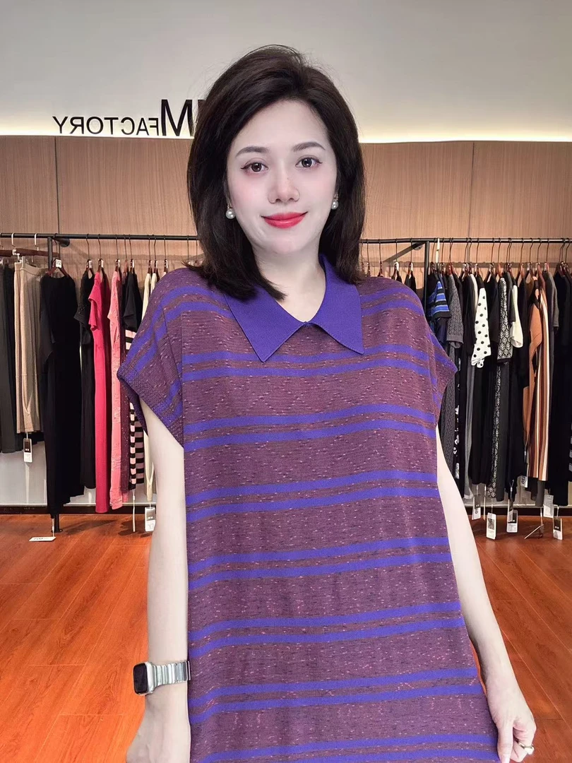 650 MM factory条纹短袖薄款夏季翻领领针织衫休闲衬衫宽松连衣裙