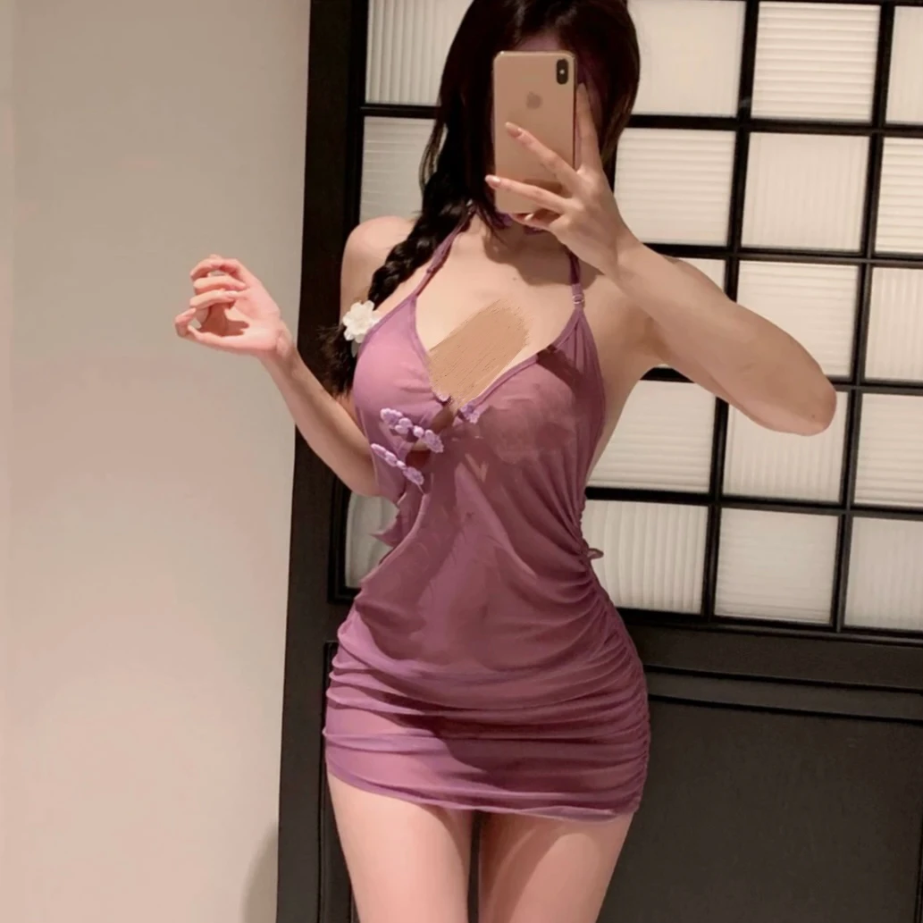 映雪儿｜紫色改良旗袍睡裙挂脖睡衣新中式