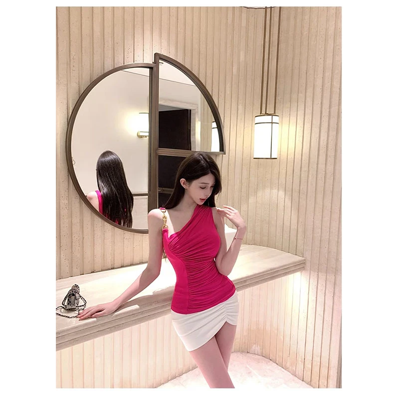 夏季新款修身显瘦设计感斜肩上衣气质时尚韩系高级感收腰半身短裙