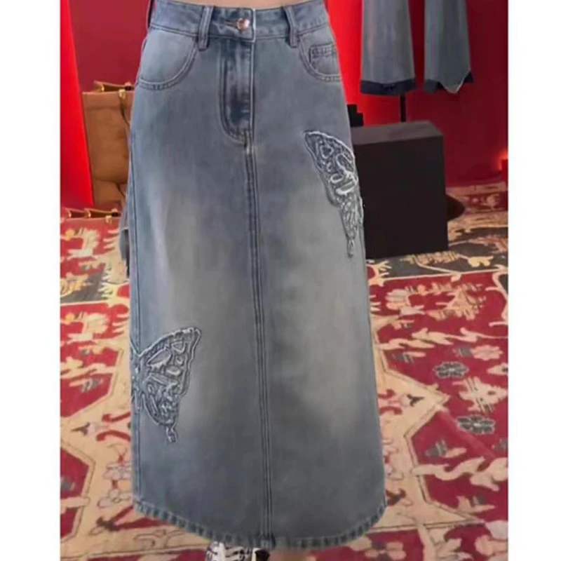 KUNGE-春夏时尚开叉高腰中长款气质牛仔重工水洗显瘦半身裙-8165