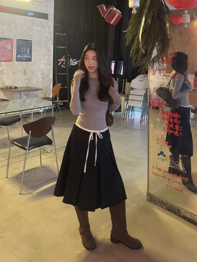 林小野 【莱赛尔天丝+绵羊毛】圆领轻薄羊毛高弹打底衫修身上衣