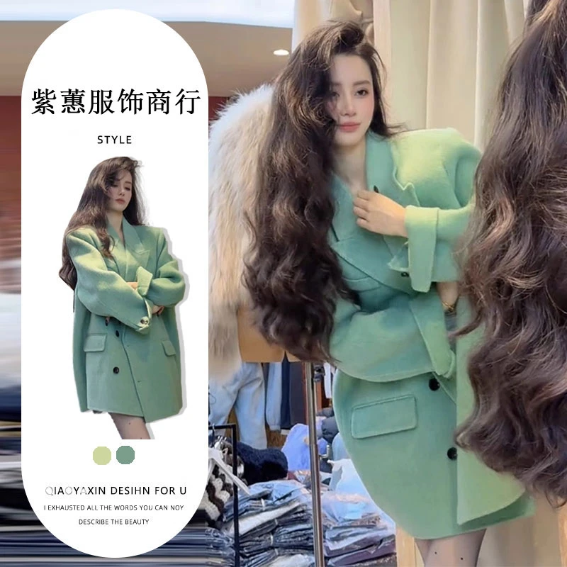 绿色西服领毛呢外套女2025新款爆款春秋独特漂亮小个子超好看上衣