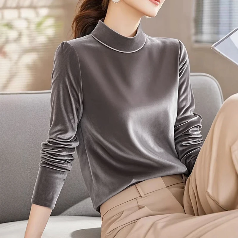 欧洲站绝美轻奢打底奶咖色半高领T恤上衣洋气新款丝绒女长袖衬衫