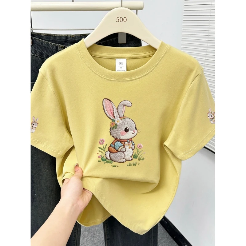 美式复古仿刺绣兔子正肩短袖T恤夏季大码胖mm高级感创意印花上衣