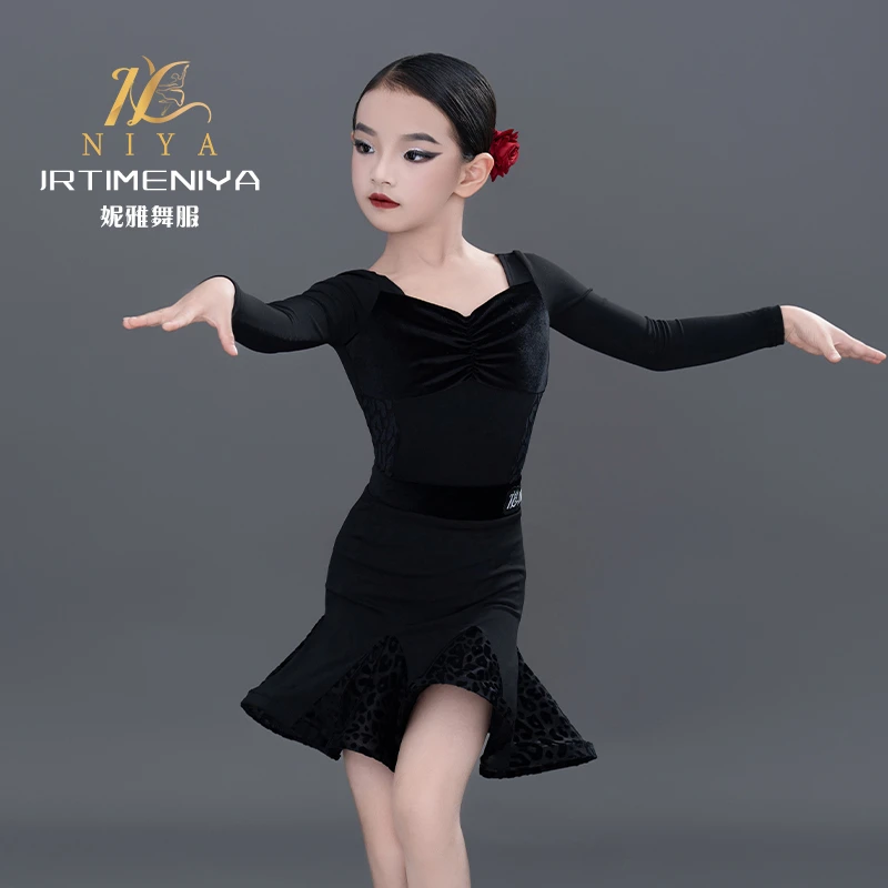 新款拉丁舞少儿训练服女童款黑色秋冬款高级感简约高级质感带鱼骨