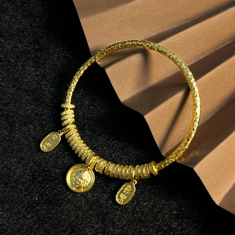 足银手镯 黄财神吉言盘缠手镯中式国风雕刻轻奢百搭手镯