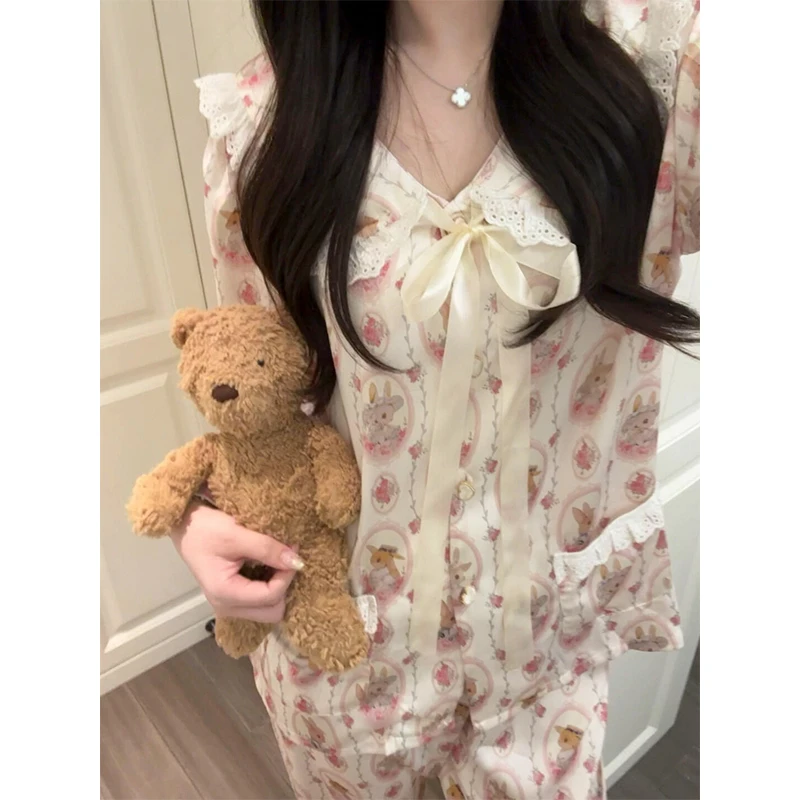 【蝴蝶结兔兔】法式缎面冰丝睡衣女春秋新款公主风开衫家居服两件套