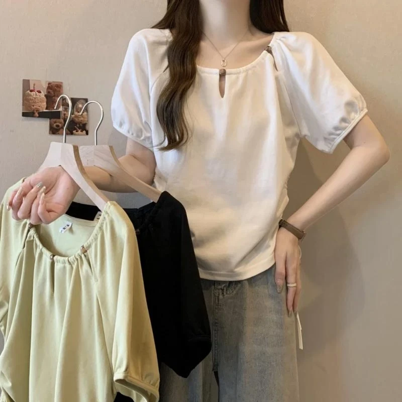 设计感串珠抽绳短袖T恤女2025夏季顺款宽松显瘦百搭洋气薄款上衣