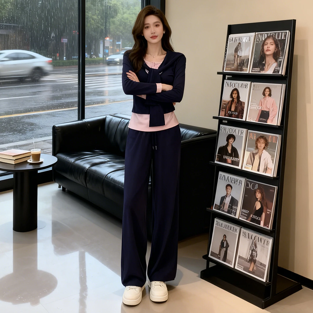 高级感时尚气质休闲套装女秋季款撞色拼接假两件上衣阔腿裤两件套