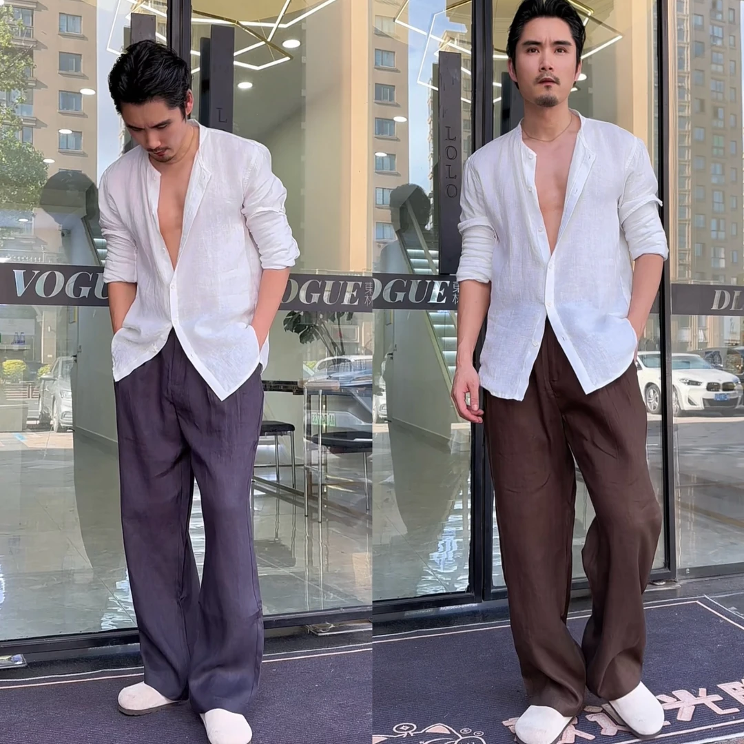 100%亚麻复古老钱风松紧腰百搭直筒休闲裤简约宽松阔腿休闲裤长裤