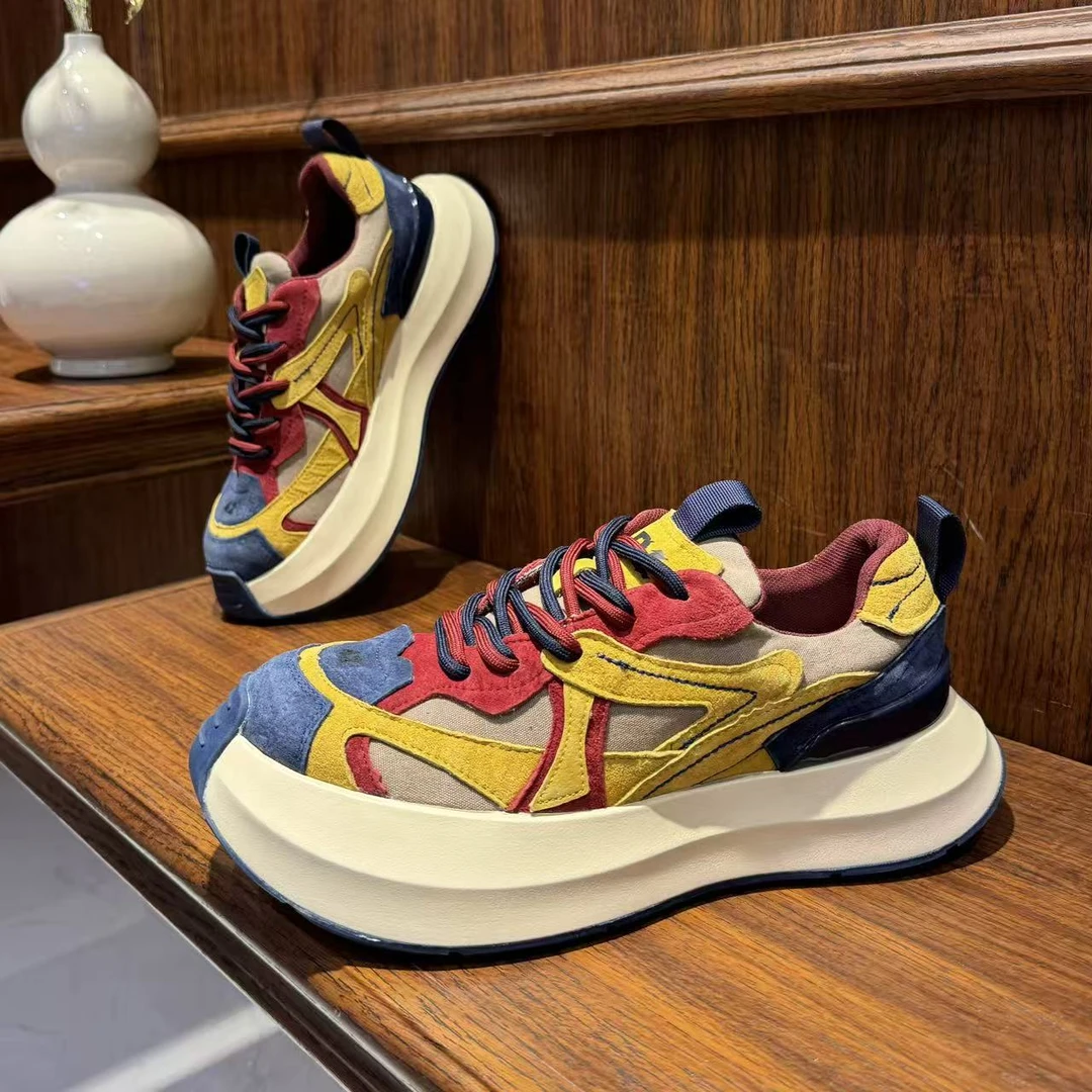 男士秋季增高胶粘拼接耐磨厚底时尚百搭低帮薄款时尚休闲鞋拼色