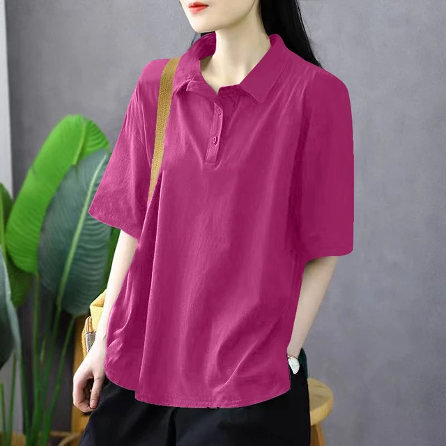 大码polo领短袖t恤女纯色简约百搭夏装2025新款宽松休闲棉上衣