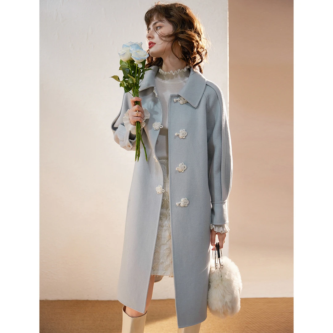 白鹿语新国风盘扣双面呢大衣冬款翻领羊毛混纺长款外套女BX30393