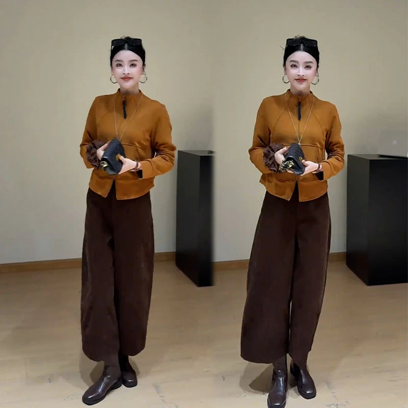 秋季女新款2025爆款时尚洋气小个子拉链开衫搭配休闲阔腿裤两件套