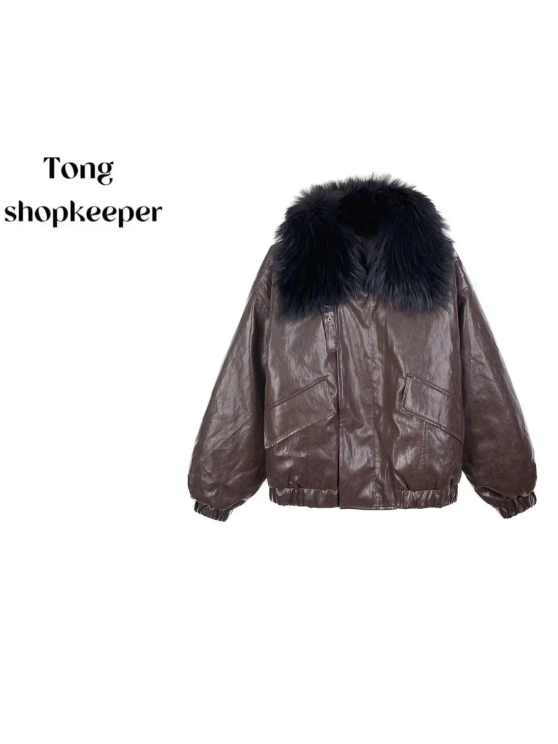QJ/彤掌柜1683176 冬季26高定100羊皮革貉子毛翻领欧货酷帅外套