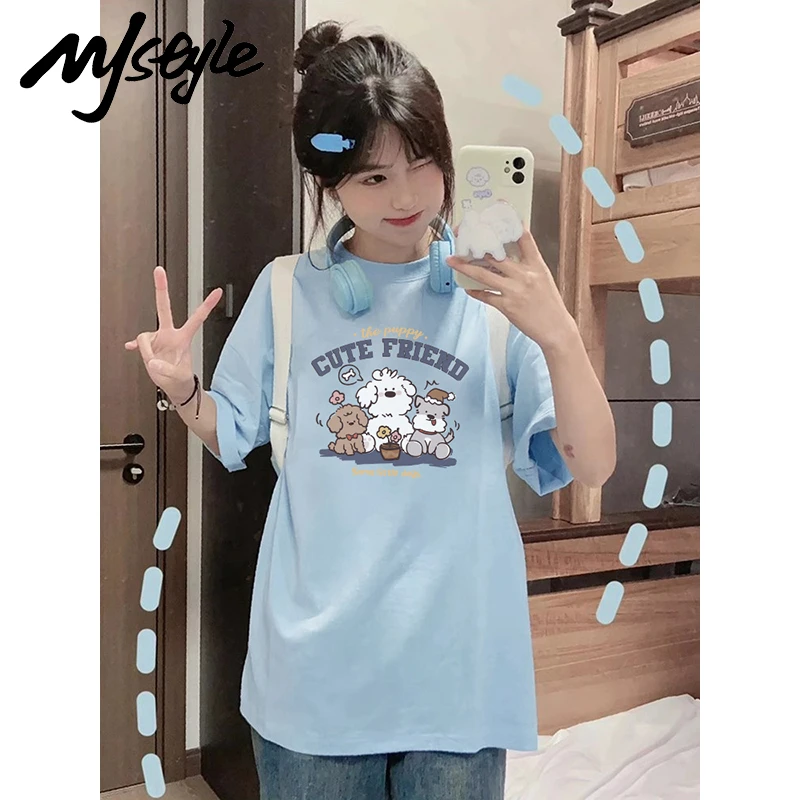 MJSTYLE短袖t恤女2025新款夏季纯棉雾霾蓝宽松高级设计感美式上衣