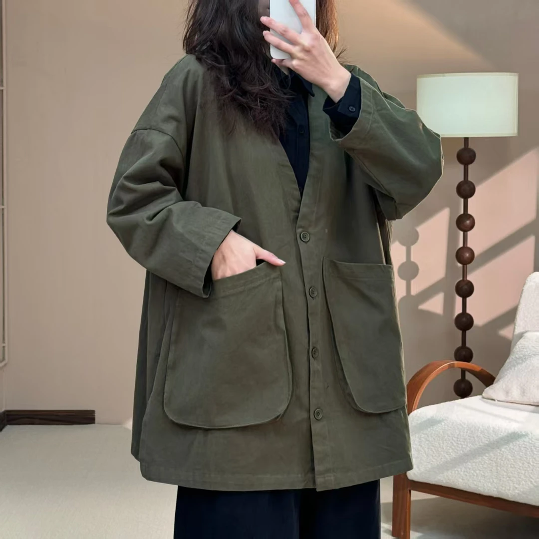 优惠  春季新款纯色设计感V领外套大口袋休闲百搭时尚长袖外套女
