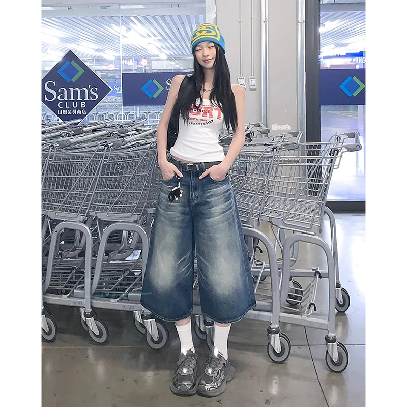 NORNLGGER 高腰直筒牛仔裤女休闲宽松阔腿中裤百搭垂感七分裤子