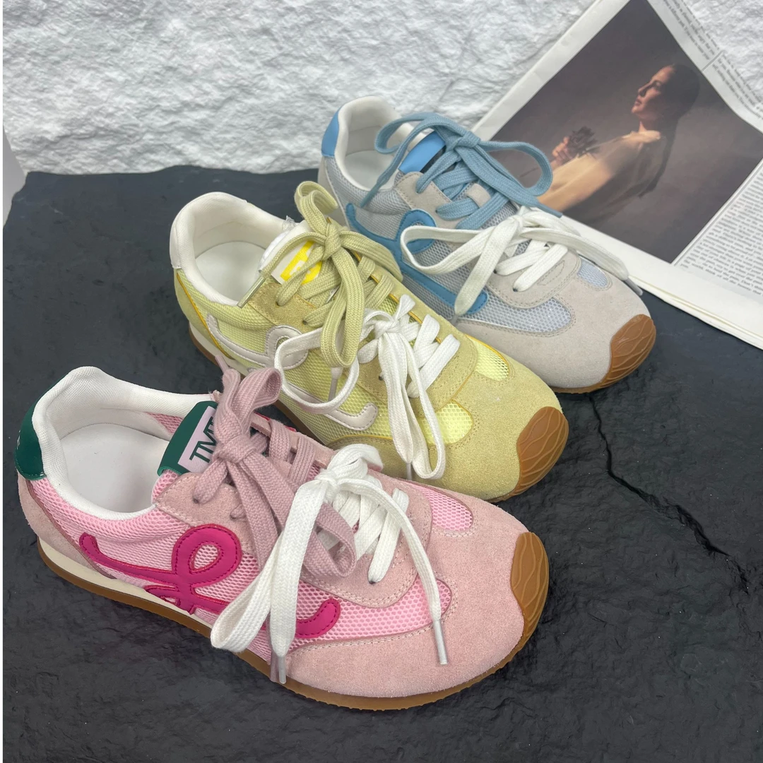 潮鞋圆头拼色系带休闲网感透气德训低跟美式复古明星同款轻便百搭