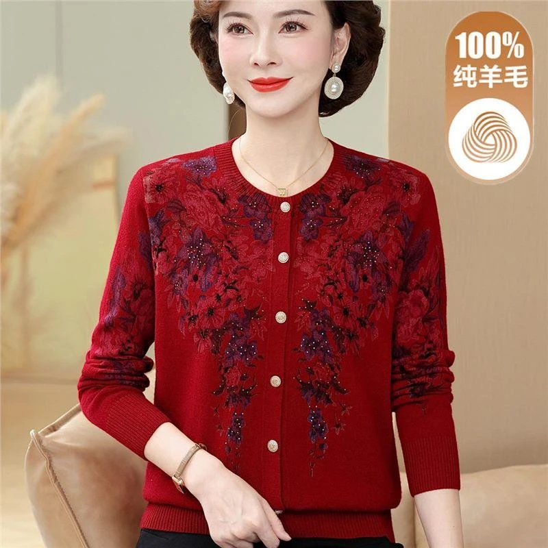 妈妈洋气纯羊毛衫中年女装秋装本命年红色上衣中老年毛衣印花开衫