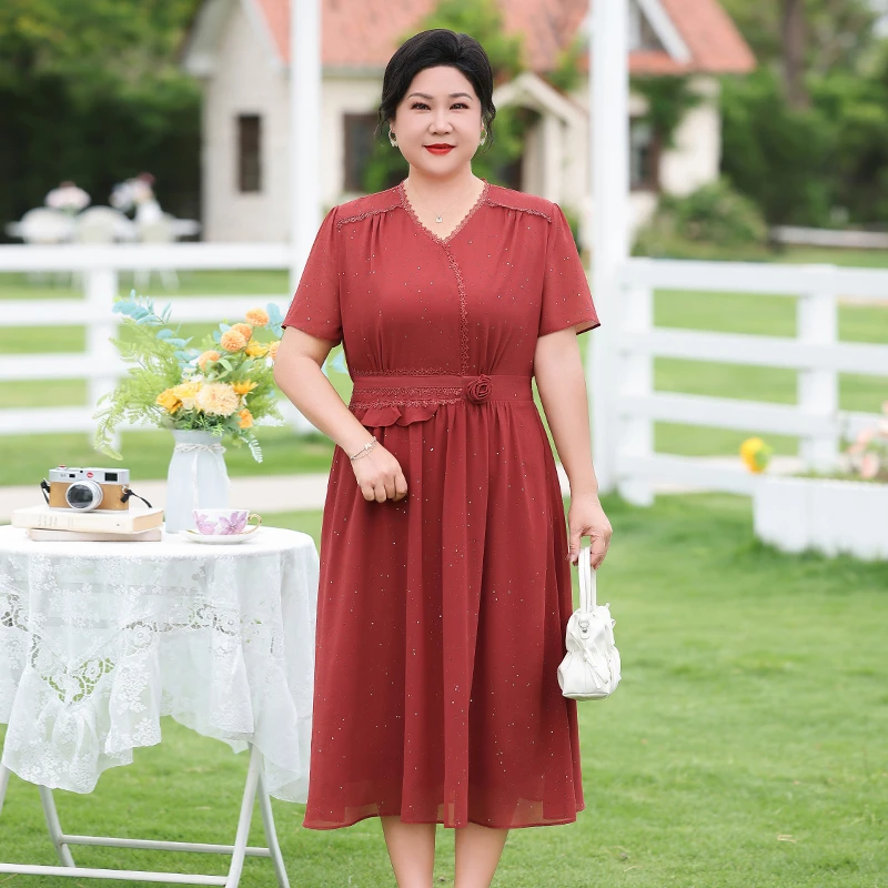 中老年时尚女装妈妈装夏装雪纺连衣裙v领洋气大码高腰显瘦裙子薄