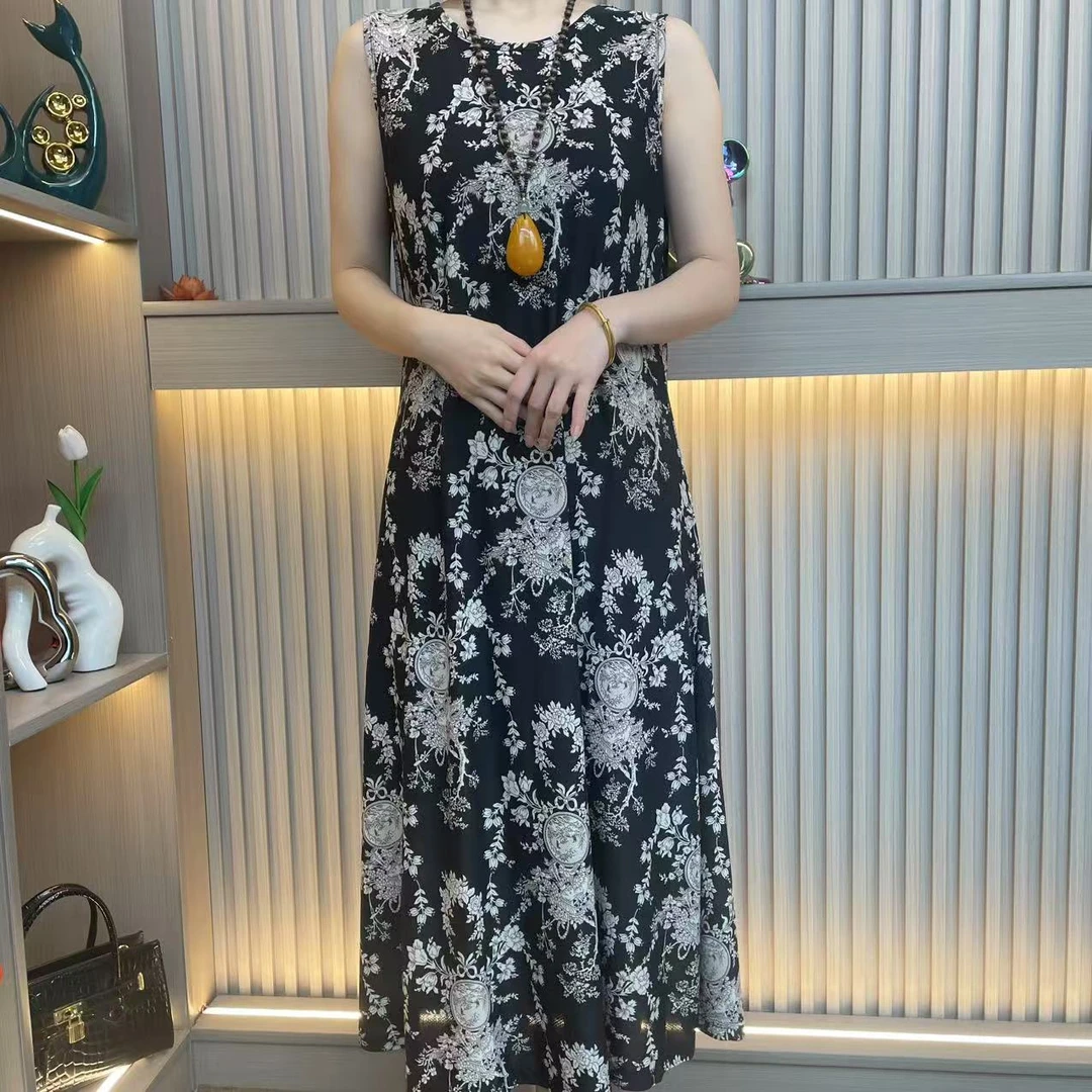 洋气妈妈柔软显瘦气质富贵花开无袖连衣裙