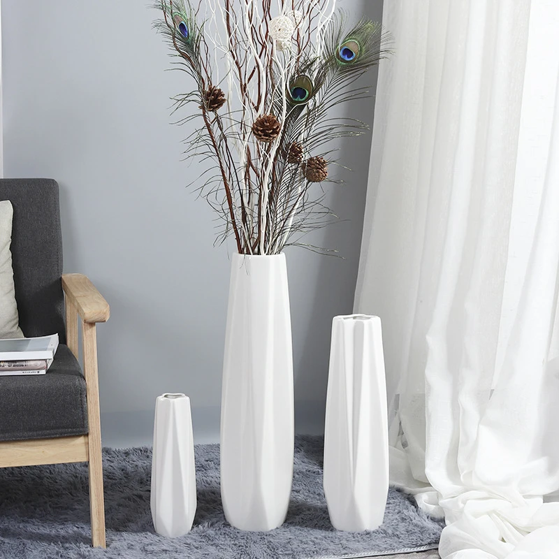简约白色陶瓷落地高花瓶摆件大号客厅干花插花家居创意装饰品