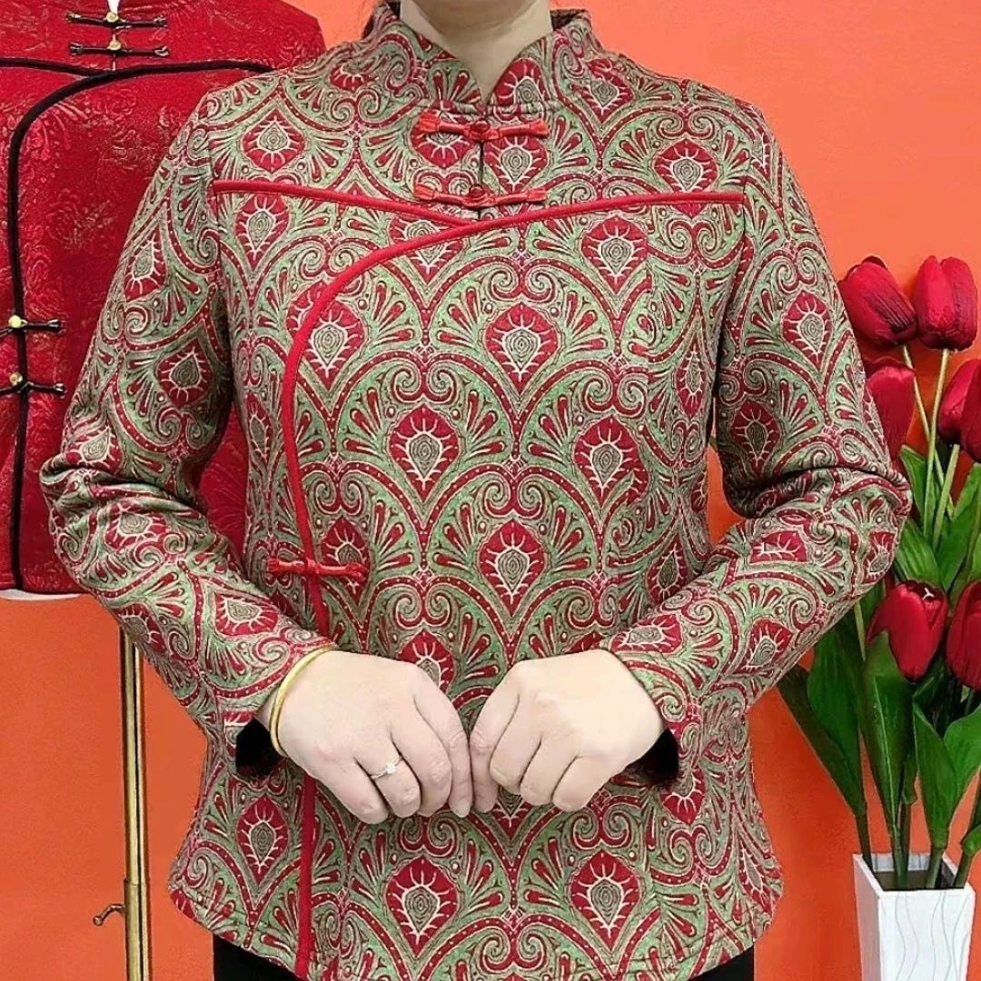 中老年妈妈装秋冬一体绒旗袍长袖打底衫加绒国风时尚盘扣唐装外套