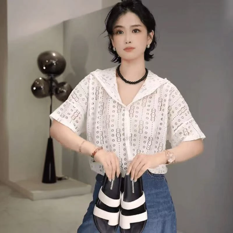 夏季休闲简约镂空连帽下摆短款宽松百搭透气上衣时尚