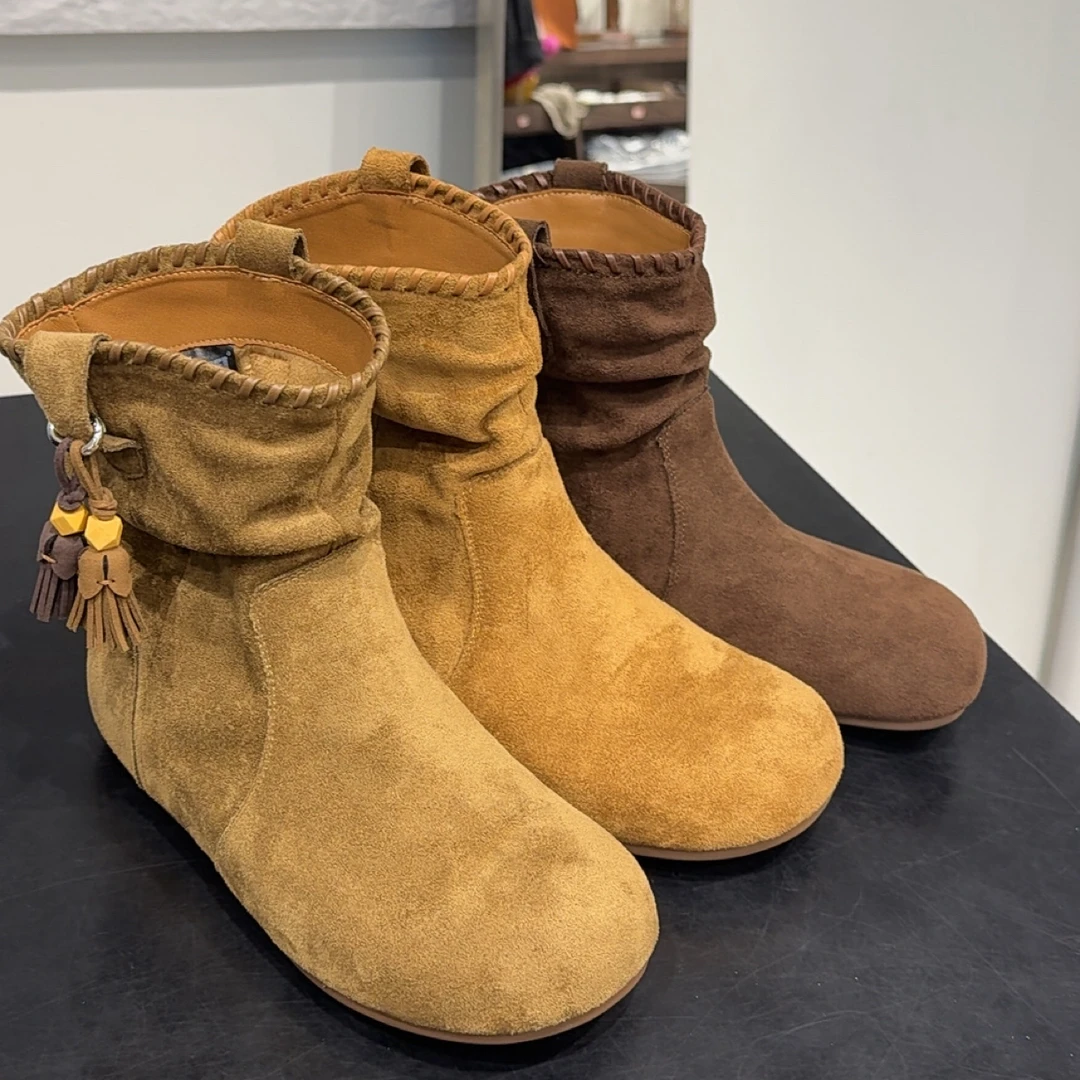 「雯姐家」复古圆头褶皱绒面堆堆靴2025年秋冬新款勃肯短靴