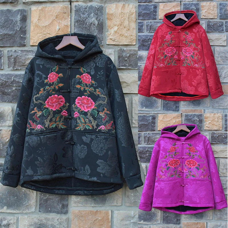 2025秋冬新款加绒加厚国风刺绣花宽松版妈妈装冬款连帽开衫外套