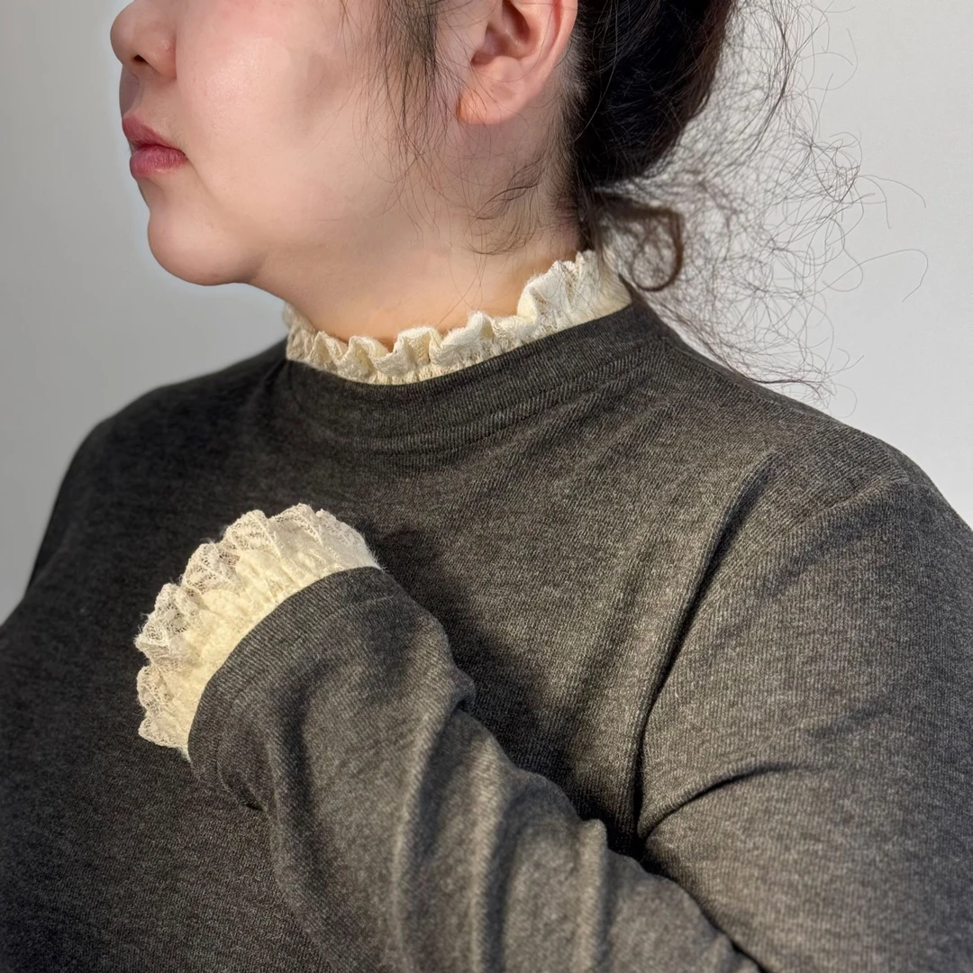 绵羊绒半高领长袖木耳边时尚立领冬季蕾丝套头加绒加厚修身打底衫