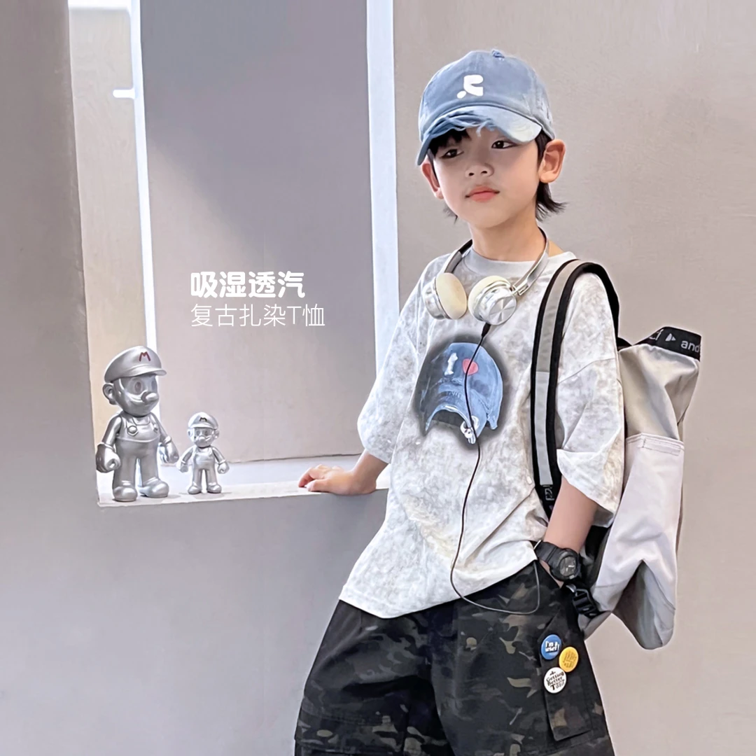 复古扎染T恤儿童夏季圆领男童洋气印花时尚中大童百搭505126O7