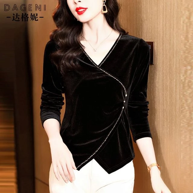 年轻款丝绒上衣女2025秋冬新款高贵洋气不规则小衫内搭打底衫T恤