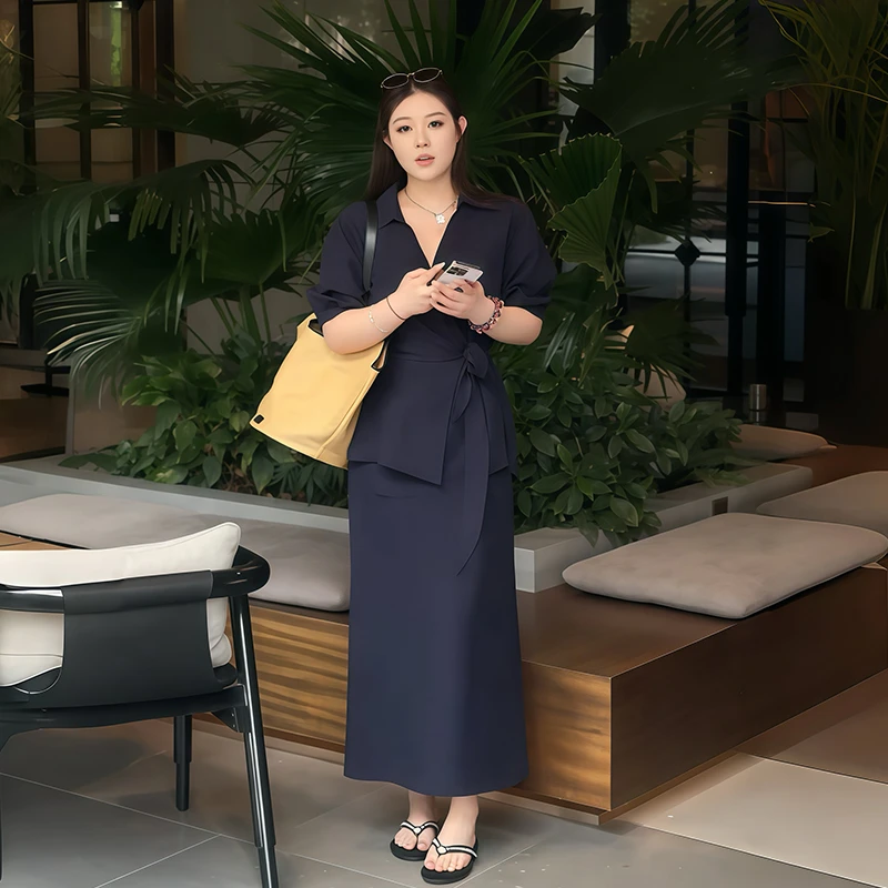 大码女装绑带收腰上衣夏季新款设计感胖mm半身裙显瘦搭配一整套装