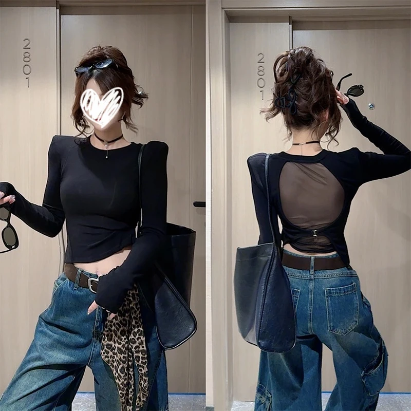 痞帅炸街风女装圆领网纱露背长袖T恤秋季修身显瘦独特漂亮小上衣