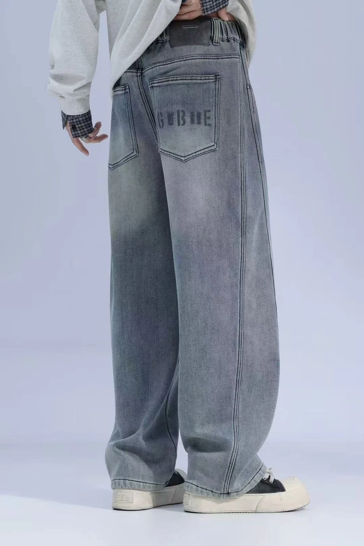 男士冬季加绒加厚美式复古高街宽松百搭休闲潮流水洗牛仔裤ins风