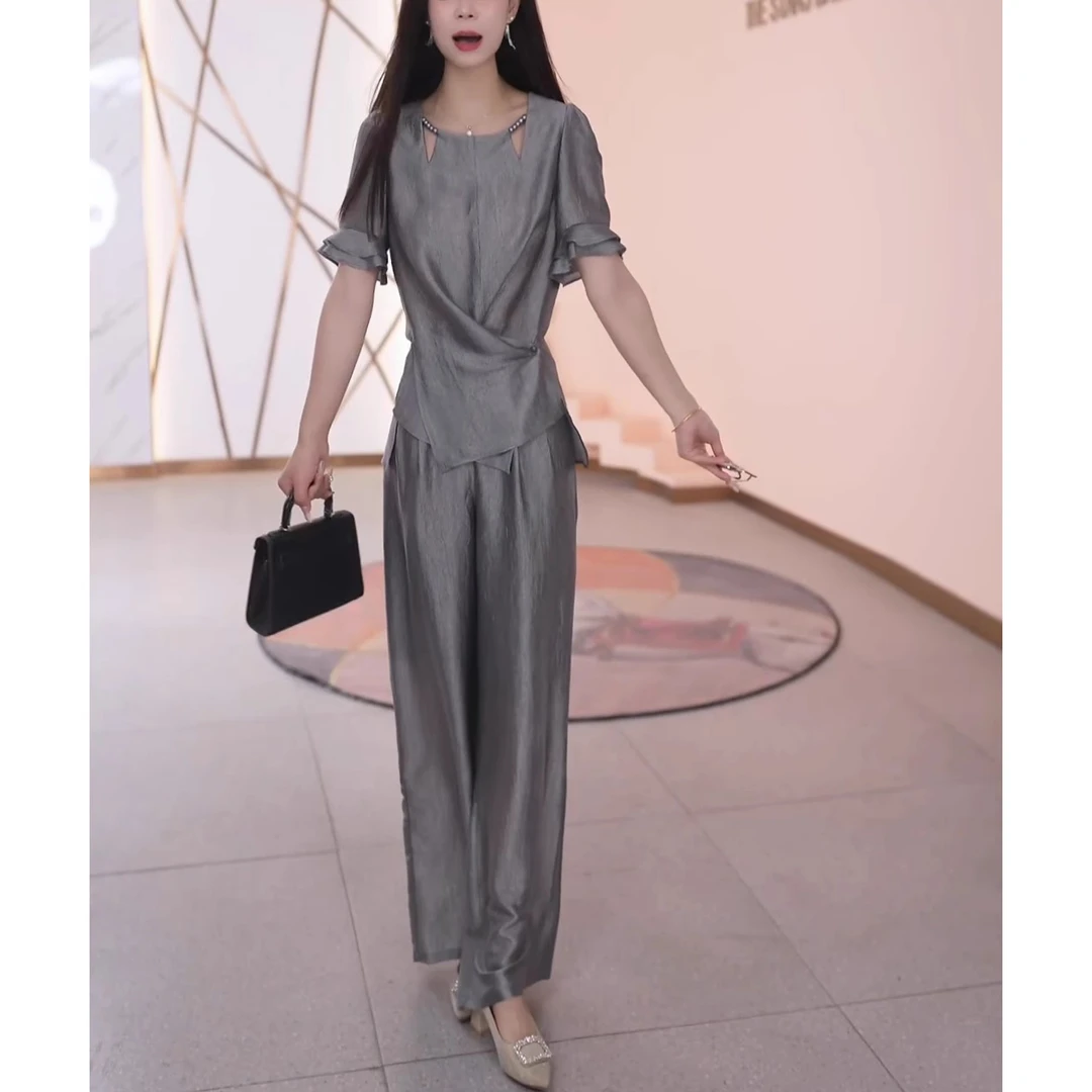 通勤优雅气质百搭上衣时尚收腰阔腿裤套装2025夏季新款高级感套装