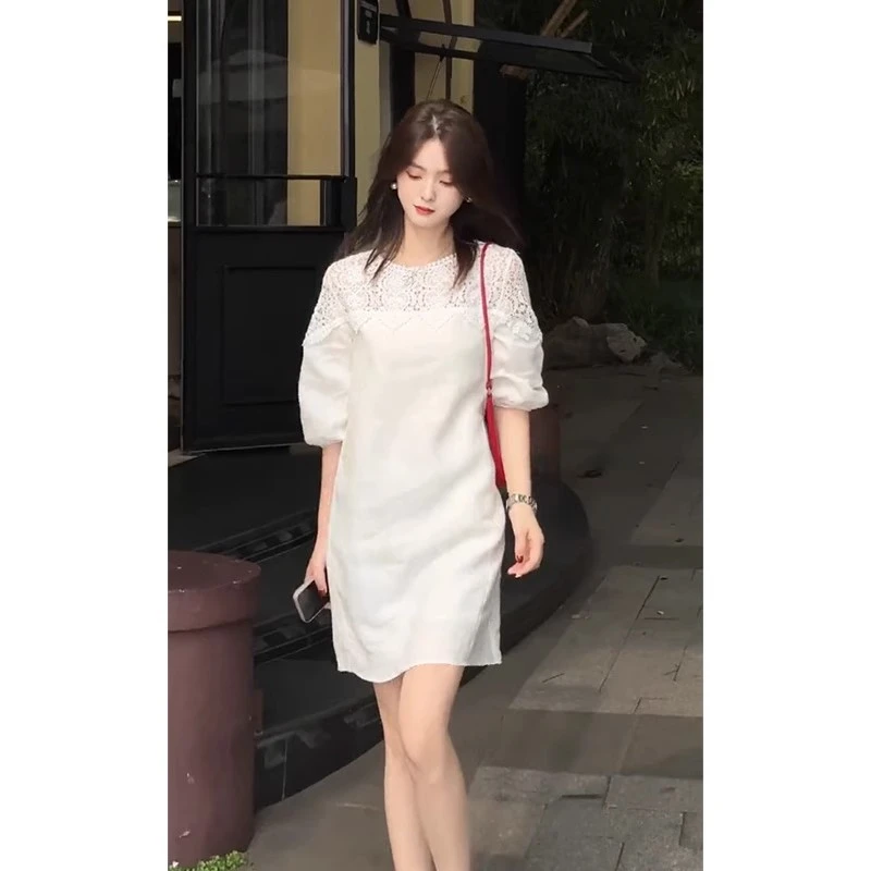 法式镂空中袖连衣裙女2025春夏新款女装简约气质休闲宽松显瘦裙子