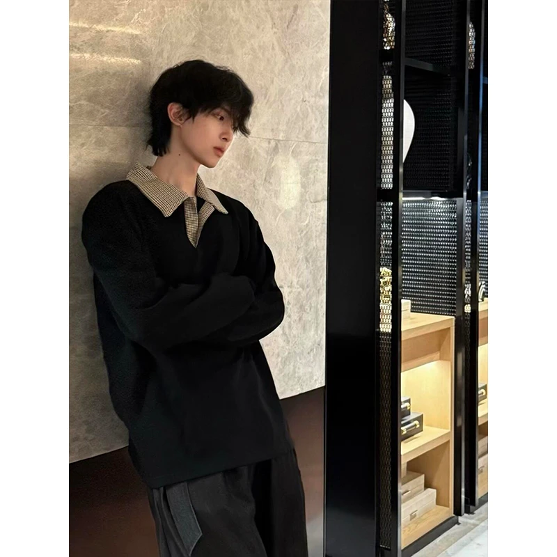 千鸟格假两件polo衫男款秋季老钱风翻领卫衣cleanfit正肩长袖t恤