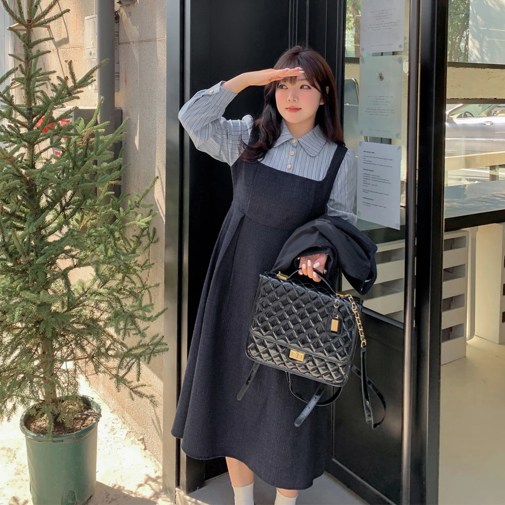 7871胖MM女小众微胖小香学院风假两件翻领长袖连衣裙