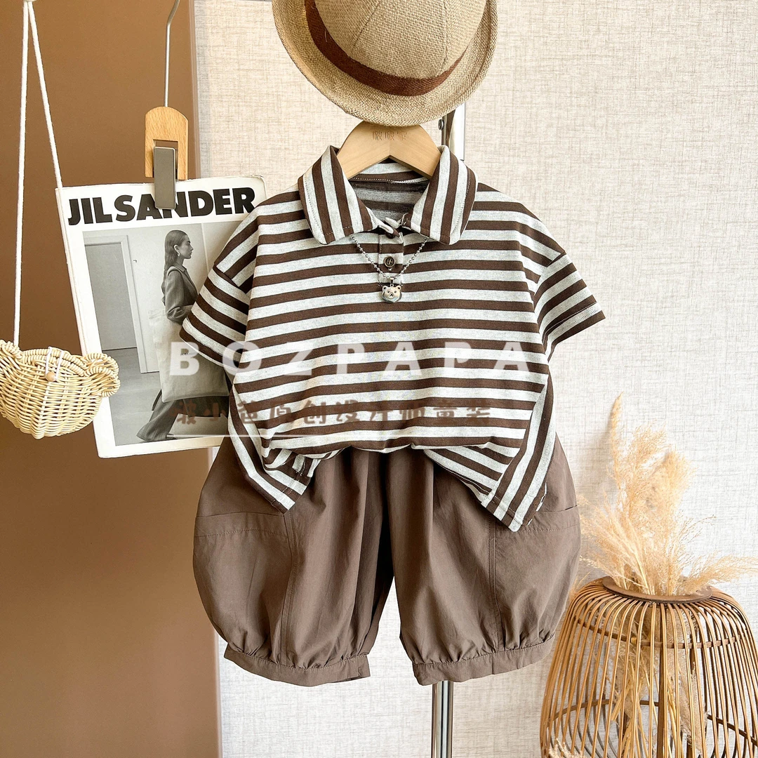 啵小爸【分行生长】2025夏季男童韩系休闲条纹领口纽扣POLO衫套装