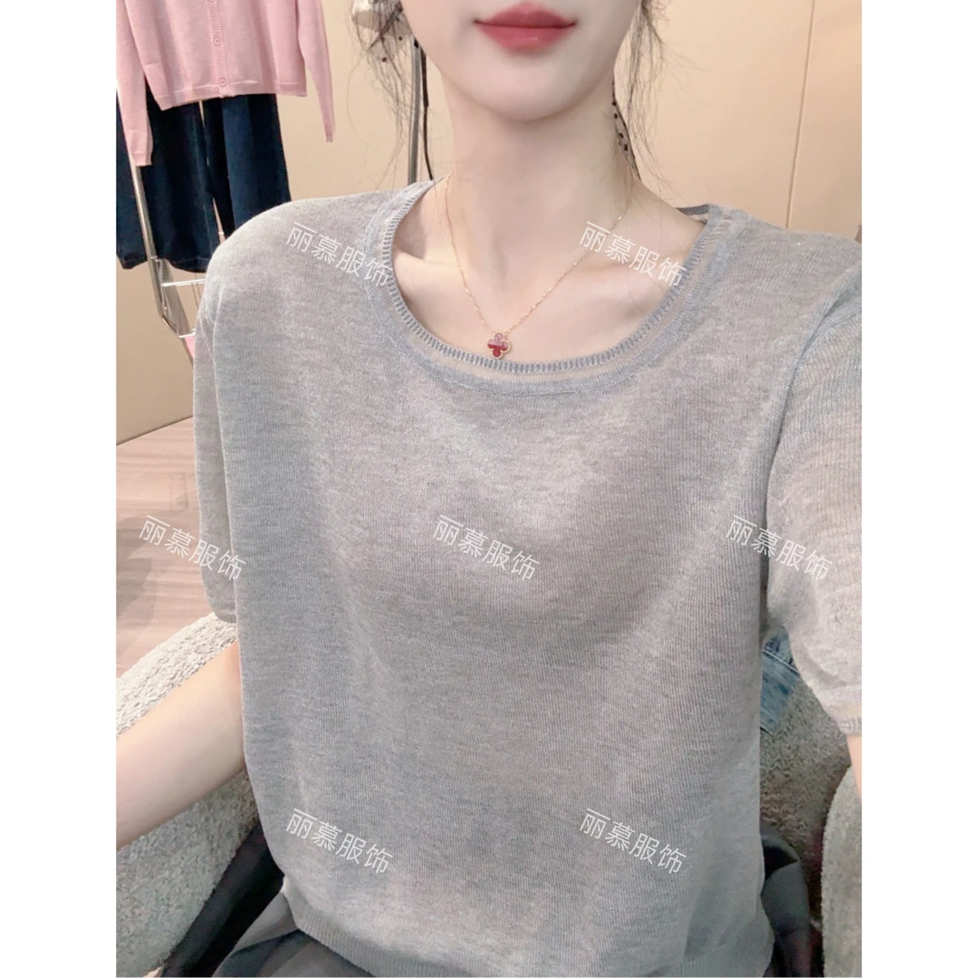 【纯色拼接圆领】欧货薄款竹节麻圆领针织短袖T恤衫1776