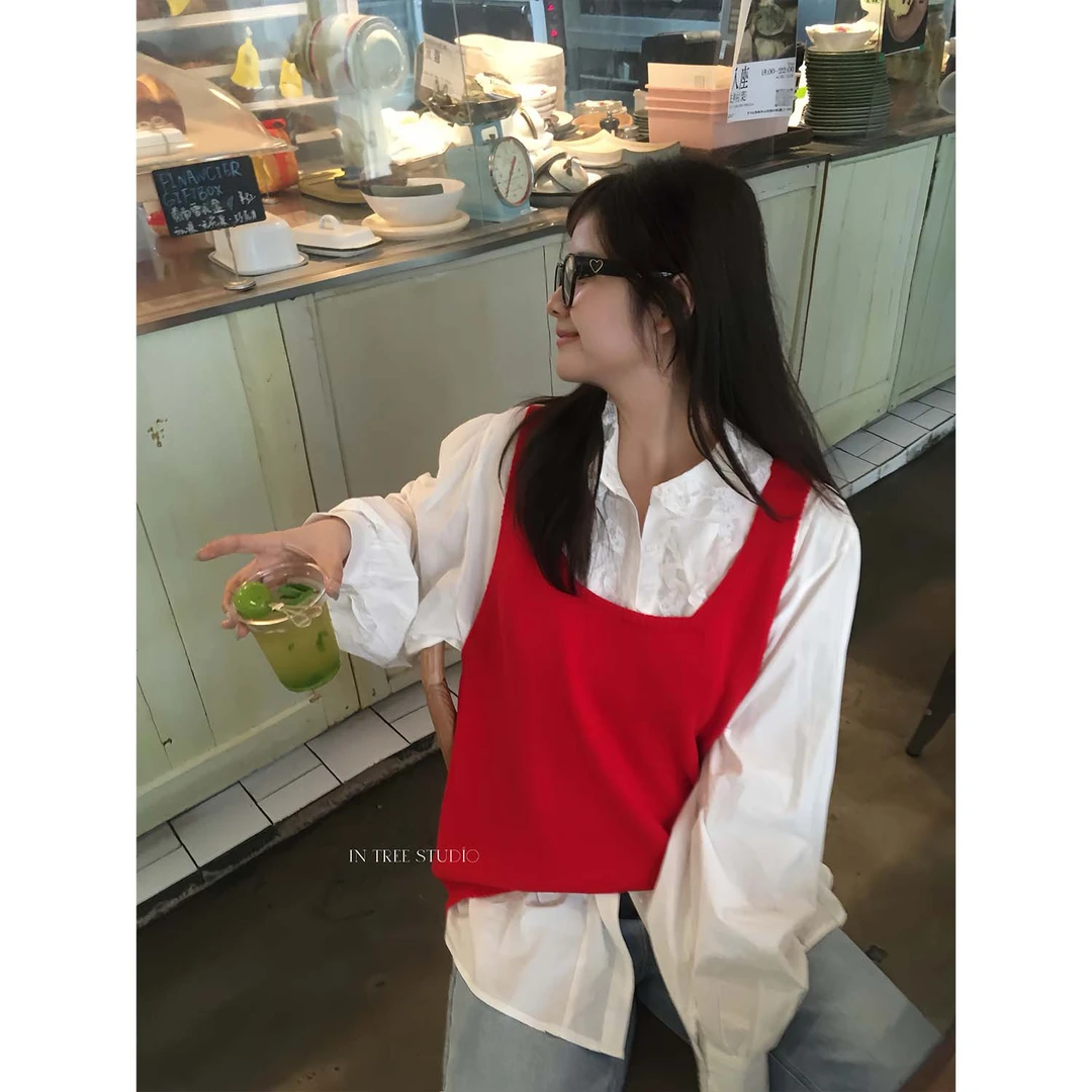 In Tree张桶桶【早春的配方】叠穿红色马甲背心韩系百搭街头ST12218