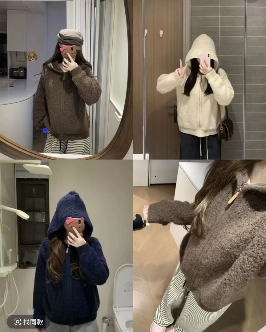 奶呼呼韩系百搭加厚慵懒三色连帽大外套~巨显白神器